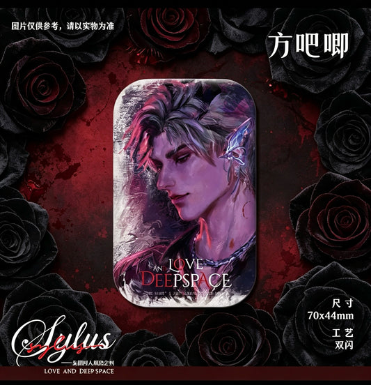 Square Badge 70×44mm double-flash — Sylus Love and Deep Space, original illustrator artwork by THE KOYI ART