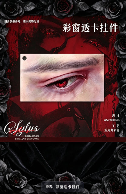 Stained Window Acrylic Card Charm 45×80mm — Sylus crimson eye illustration, original artwork by THE KOYI ART