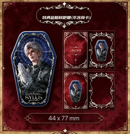 Special Blue Coffin Badge 44×77mm — Blue Crucifix series, Sylus praying, original artwork by THE KOYI ART