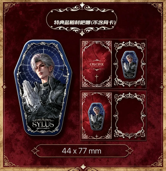 Special Blue Coffin Badge 44×77mm — Blue Crucifix series, Sylus praying, original artwork by THE KOYI ART