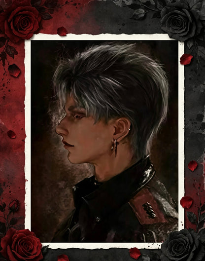 Sylus Poster Style 4 — side profile with earrings, gothic dark atmosphere, original artwork by THE KOYI ART