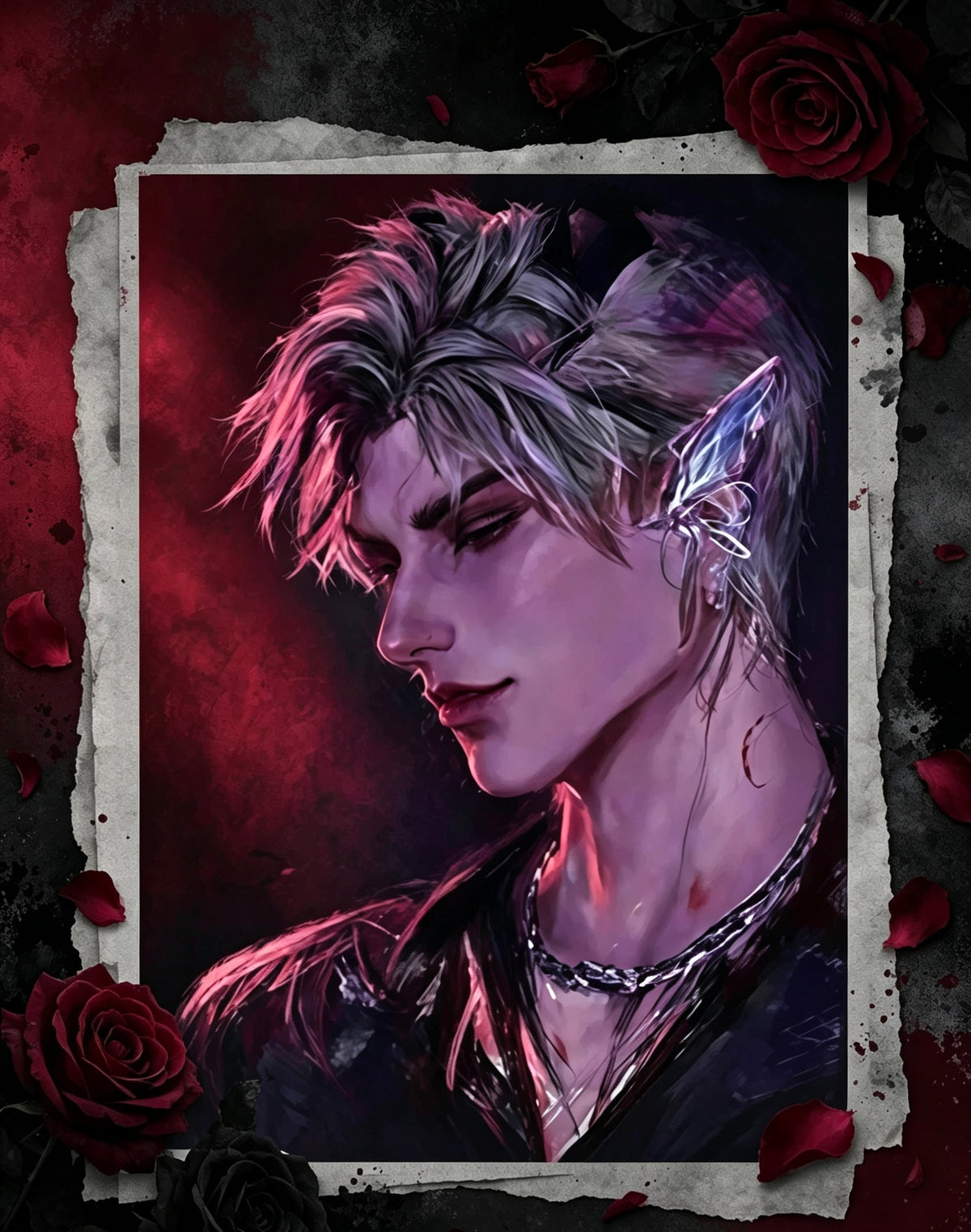 Sylus Poster Style 1 — elf ear gothic portrait, crimson rose atmosphere, original artwork by THE KOYI ART