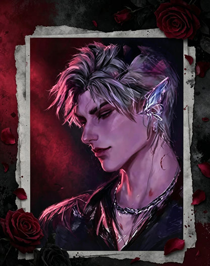 Sylus Poster Style 1 — elf ear gothic portrait, crimson rose atmosphere, original artwork by THE KOYI ART