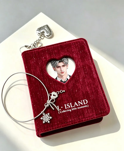 Burgundy velvet photo card binder front cover with heart window and wire bangle